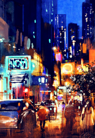 colorful painting of night street,illustration art