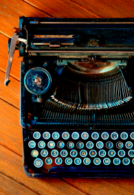 old vintage typewriter on wood table bird view